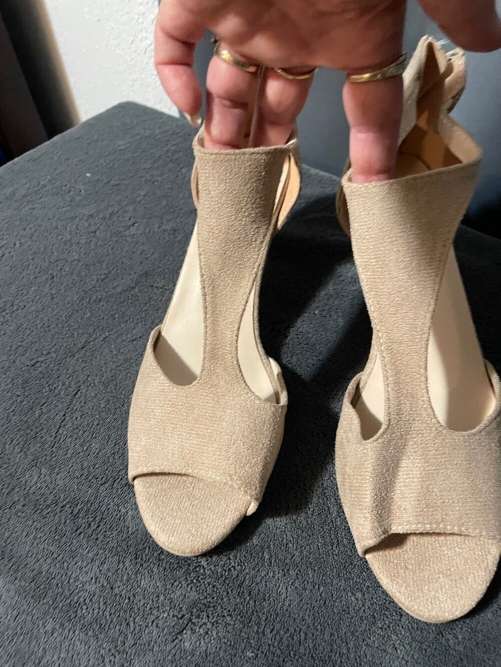 Women's Tan Open-Toe T-Strap Heels
